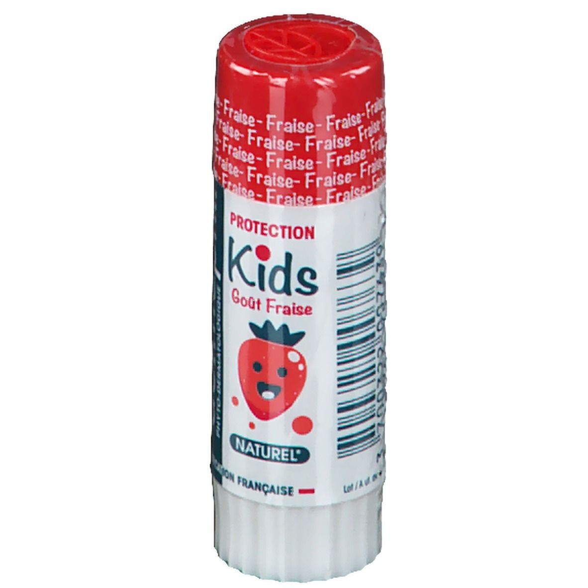 Lipverzorgingsstift dermophil® Kids Aardbei. Rode dop, witte stift. Opschrift: Fraise, Kids, 4g - 0.14 oz.