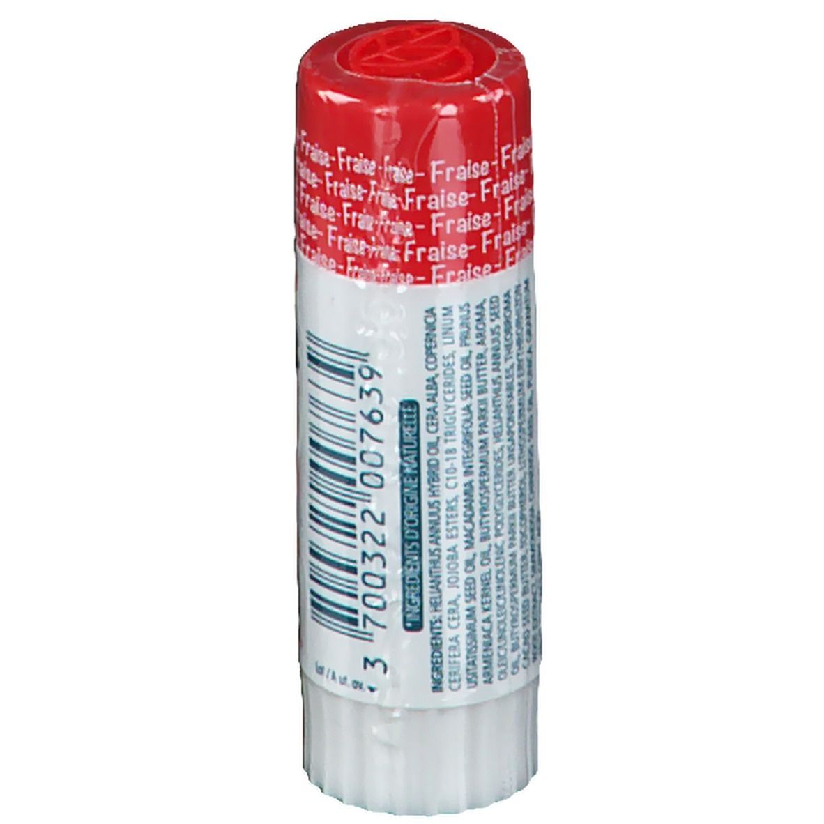 Lipverzorgingsstift dermophil® Kids Aardbei. Rode dop, witte stift. Opschrift: Fraise, Kids, 4g - 0.14 oz.