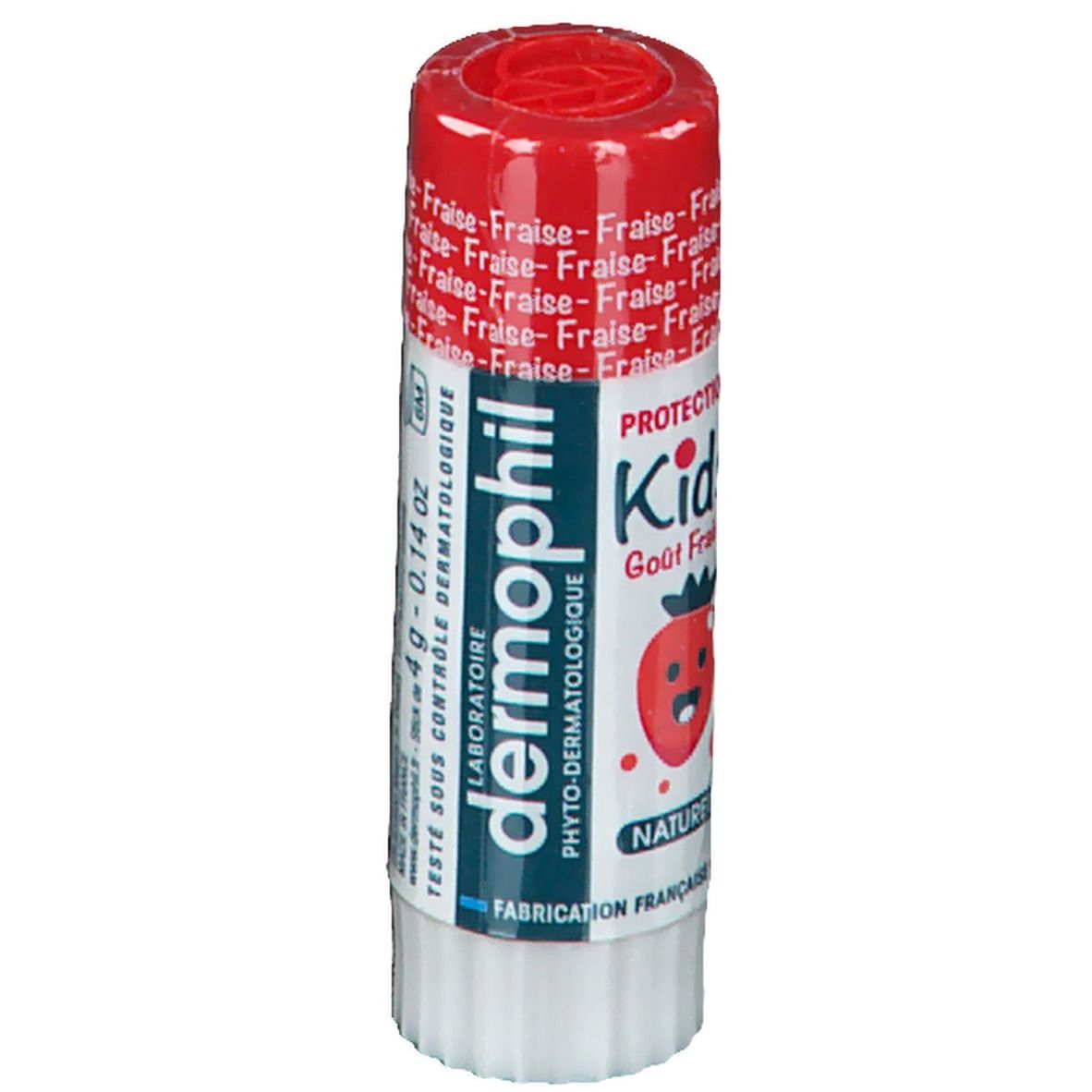 Lipverzorgingsstift dermophil® Kids Aardbei. Rode dop, witte stift. Opschrift: Fraise, Kids, 4g - 0.14 oz.