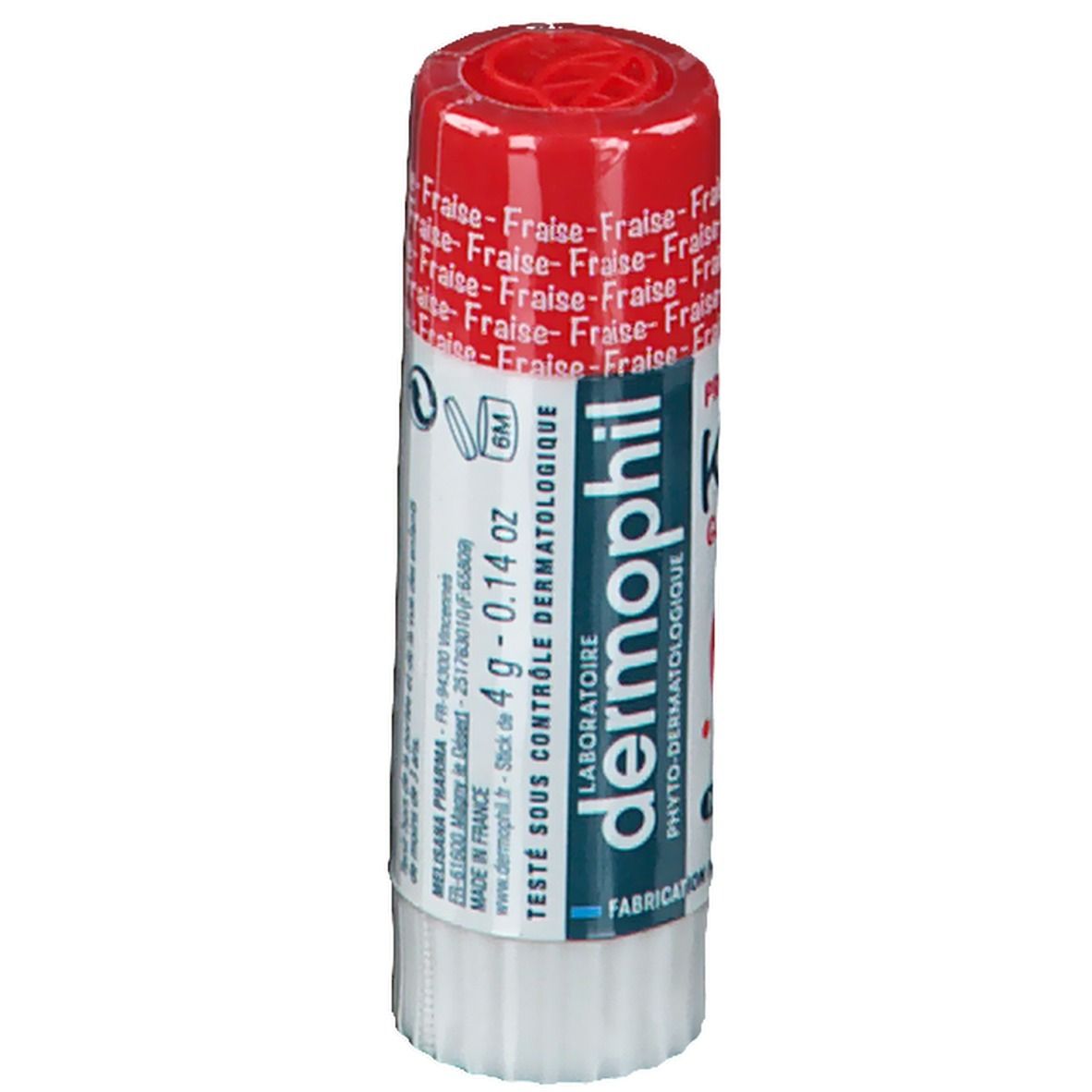 Lipverzorgingsstift dermophil® Kids Aardbei. Rode dop, witte stift. Opschrift: Fraise, Kids, 4g - 0.14 oz.