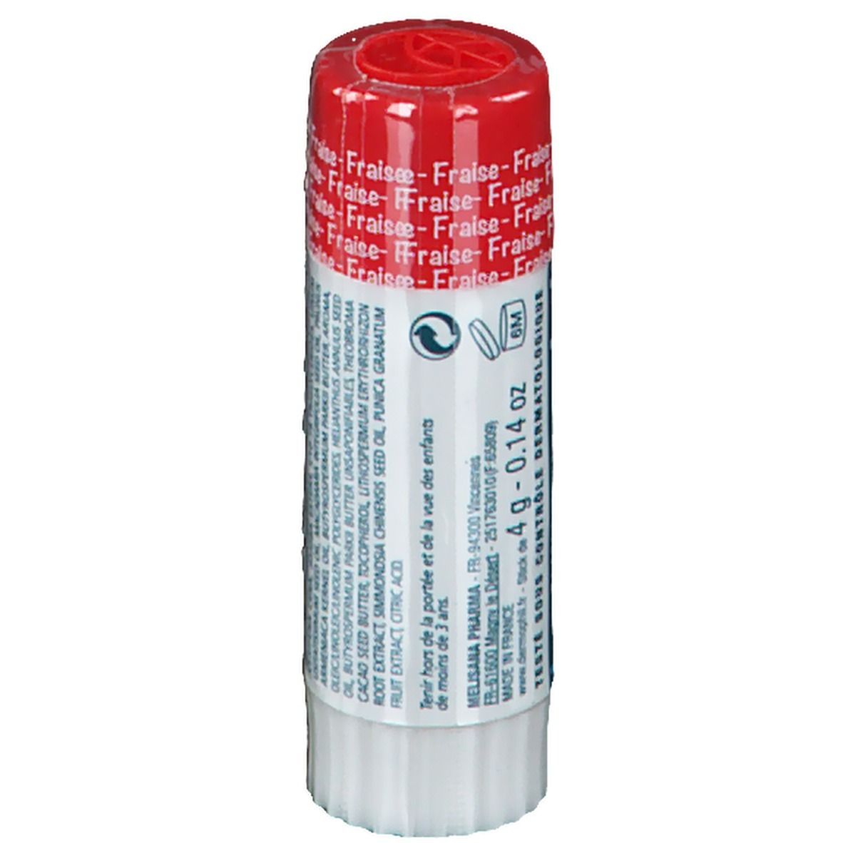 Lipverzorgingsstift dermophil® Kids Aardbei. Rode dop, witte stift. Opschrift: Fraise, Kids, 4g - 0.14 oz.