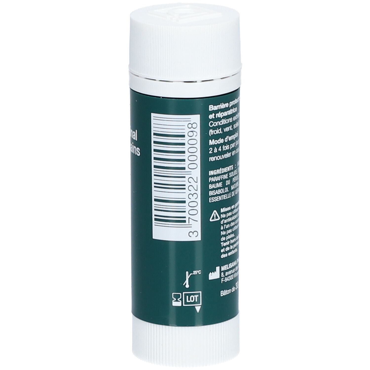 Stick pour les mains blanc et vert. Inscription: dermophil indien, Stick Original pour les mains. Code-barres et numéro de lot.