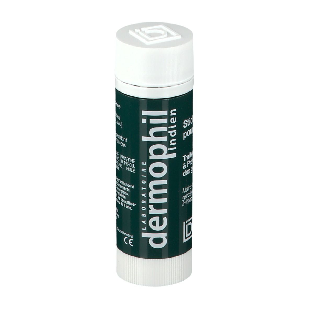 Stick pour les mains blanc et vert. Inscription: dermophil indien, Stick Original pour les mains. Laboratoire.