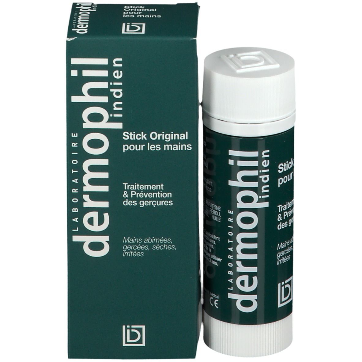 Stick pour les mains avec emballage. Inscription: dermophil indien, Stick Original pour les mains. Traitement & Prévention des gerçures.