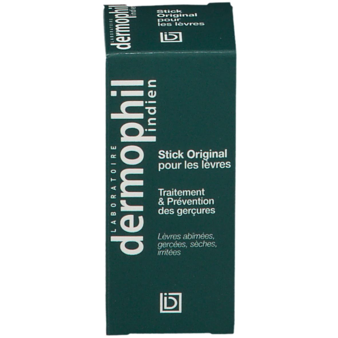 Emballage. Texte: dermophil indien, Stick Original pour les lèvres. Traitement & Prévention des gerçures. Lèvres abîmées, gercées, sèches, irritées.