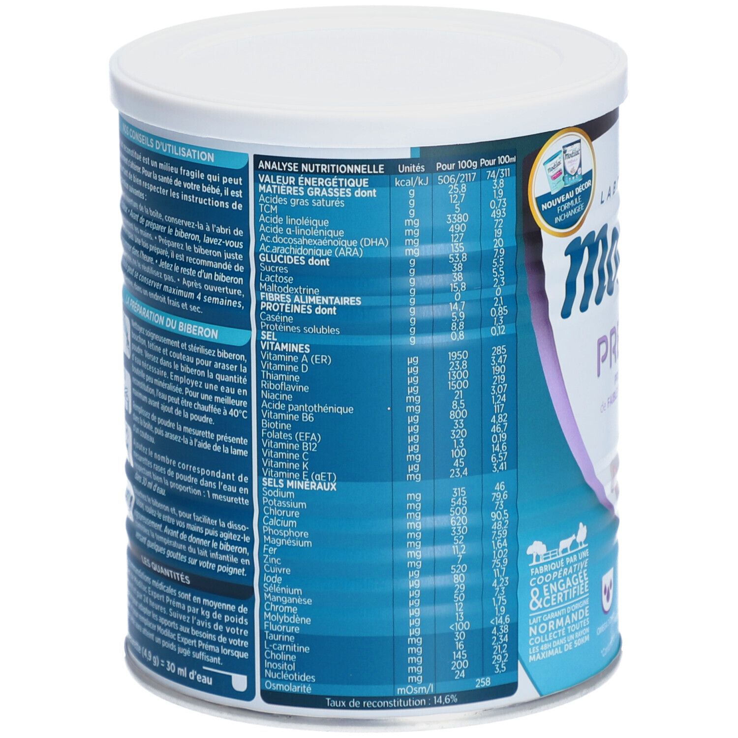 Dos de la boîte Modilac Expert Préma. Analyse nutritionnelle, ingrédients, mode d'emploi. Certifications.