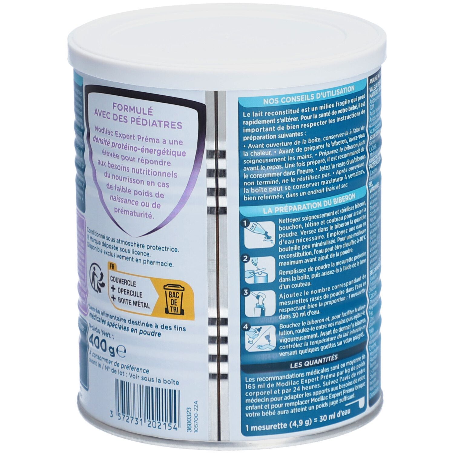 Dos de la boîte Modilac Expert Préma. Formule avec pédiatres. 400g. Couvercle, boîte, métal. Symbole de recyclage.