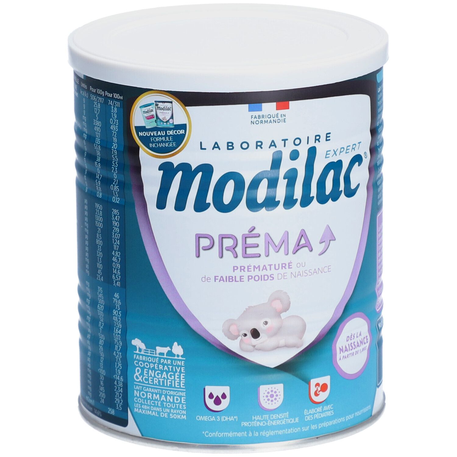 Boîte de lait Modilac Expert Préma. Inscription Préma, illustration koala. Dès la naissance. Oméga 3, haute densité énergétique.