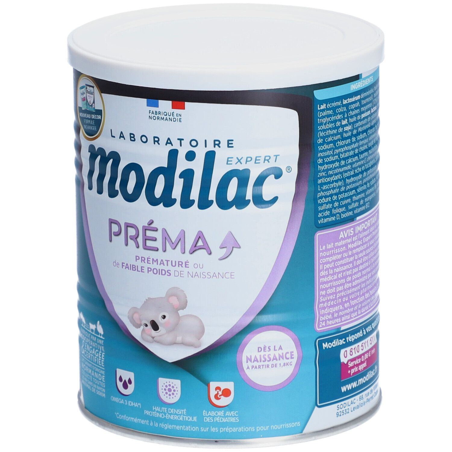 Boîte de lait Modilac Expert Préma. Inscription Préma, illustration koala. Dès la naissance. Oméga 3, haute densité énergétique.
