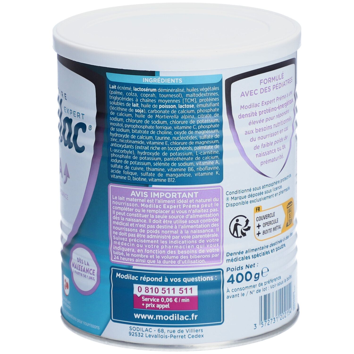 Dos de la boîte Modilac Expert Préma. Ingrédients, formule avec pédiatres. 400g. Couvercle, boîte, métal.