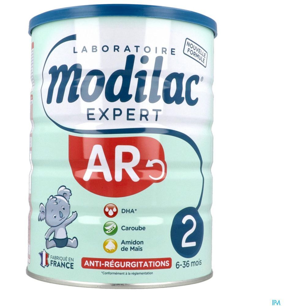 Modilac Expert 2 AR-blik. Lichtgroen blik met blauw deksel. Bevat babyvoeding. Opschrift: Modilac Expert AR, 6-36 maanden.