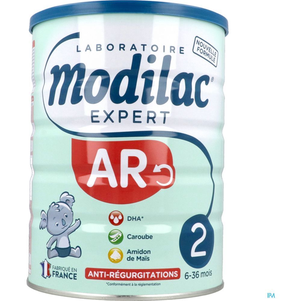 Modilac Expert 2 AR-blik. Lichtgroen blik met blauw deksel. Bevat babyvoeding. Opschrift: Modilac Expert AR, 6-36 maanden.