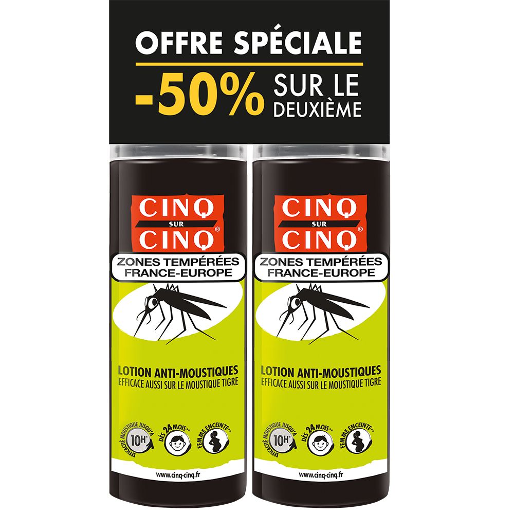 Deux flacons avec étiquette noire. Inscription: CINQ SUR CINQ, lotion anti-moustiques. Offre spéciale: -50% sur le deuxième.