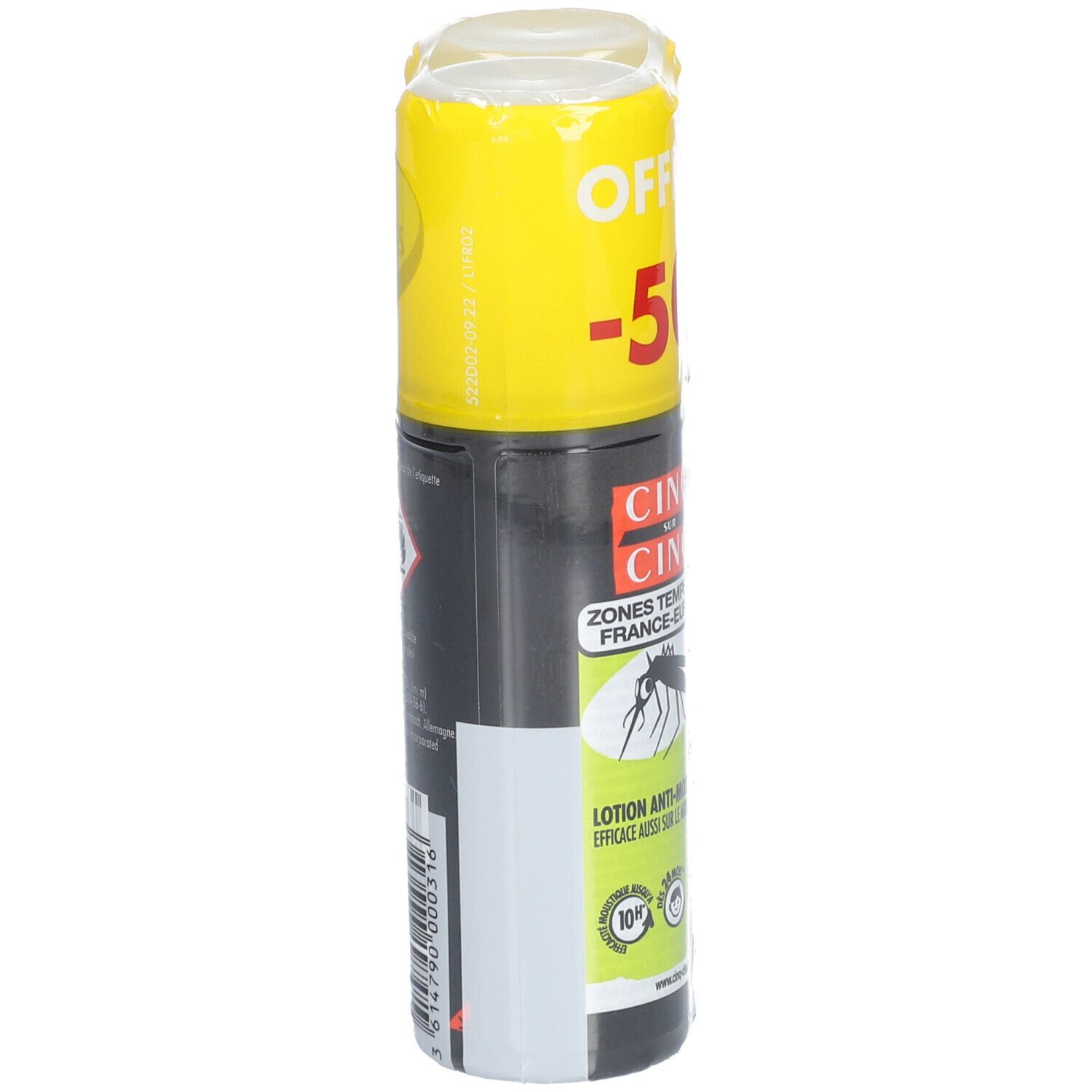 Un flacon avec étiquette noire. Inscription: CINQ SUR CINQ, lotion anti-moustiques. Emballage jaune avec offre: -50%.