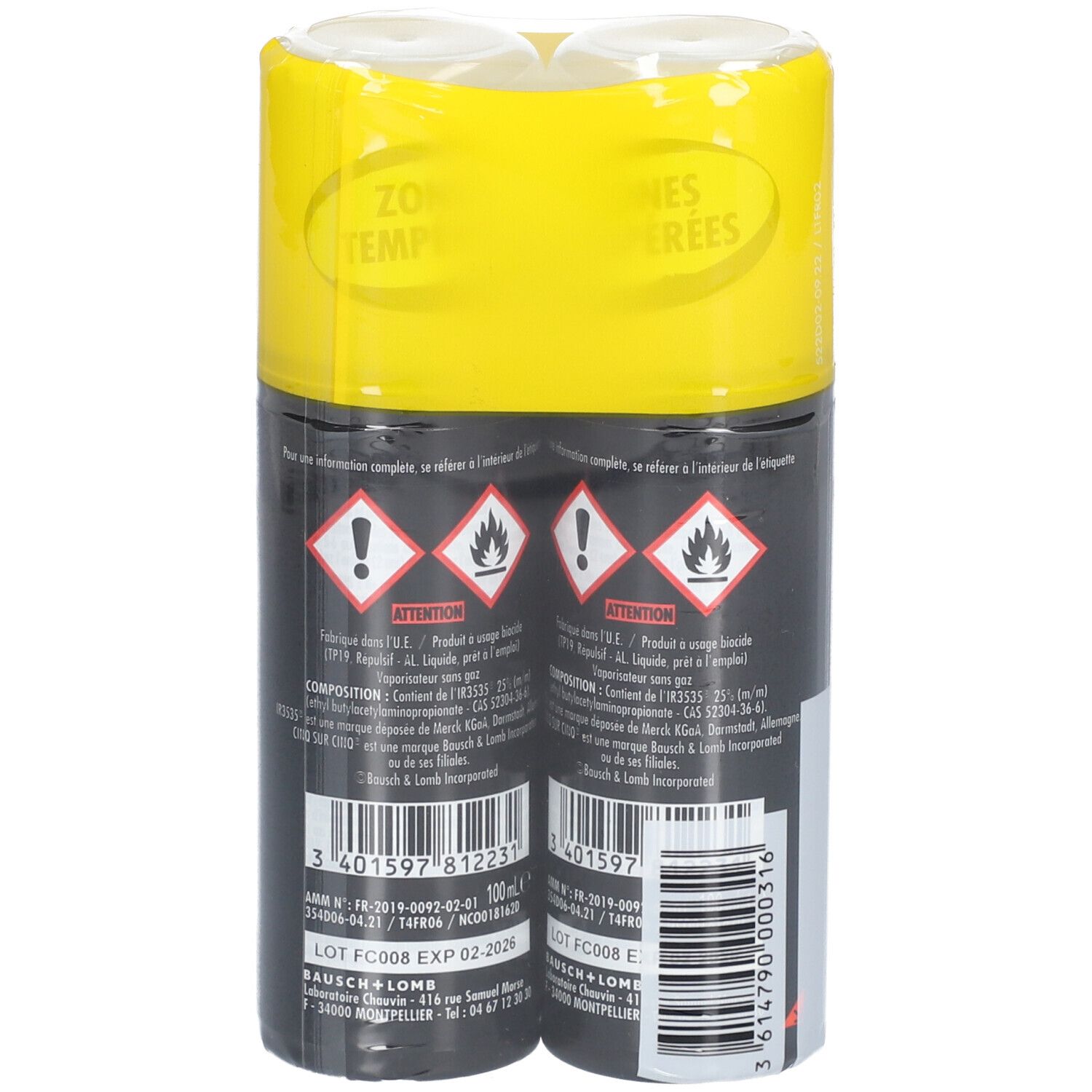 Deux flacons avec étiquette noire. Inscription: CINQ SUR CINQ, lotion anti-moustiques. Emballage jaune avec offre: -50%.