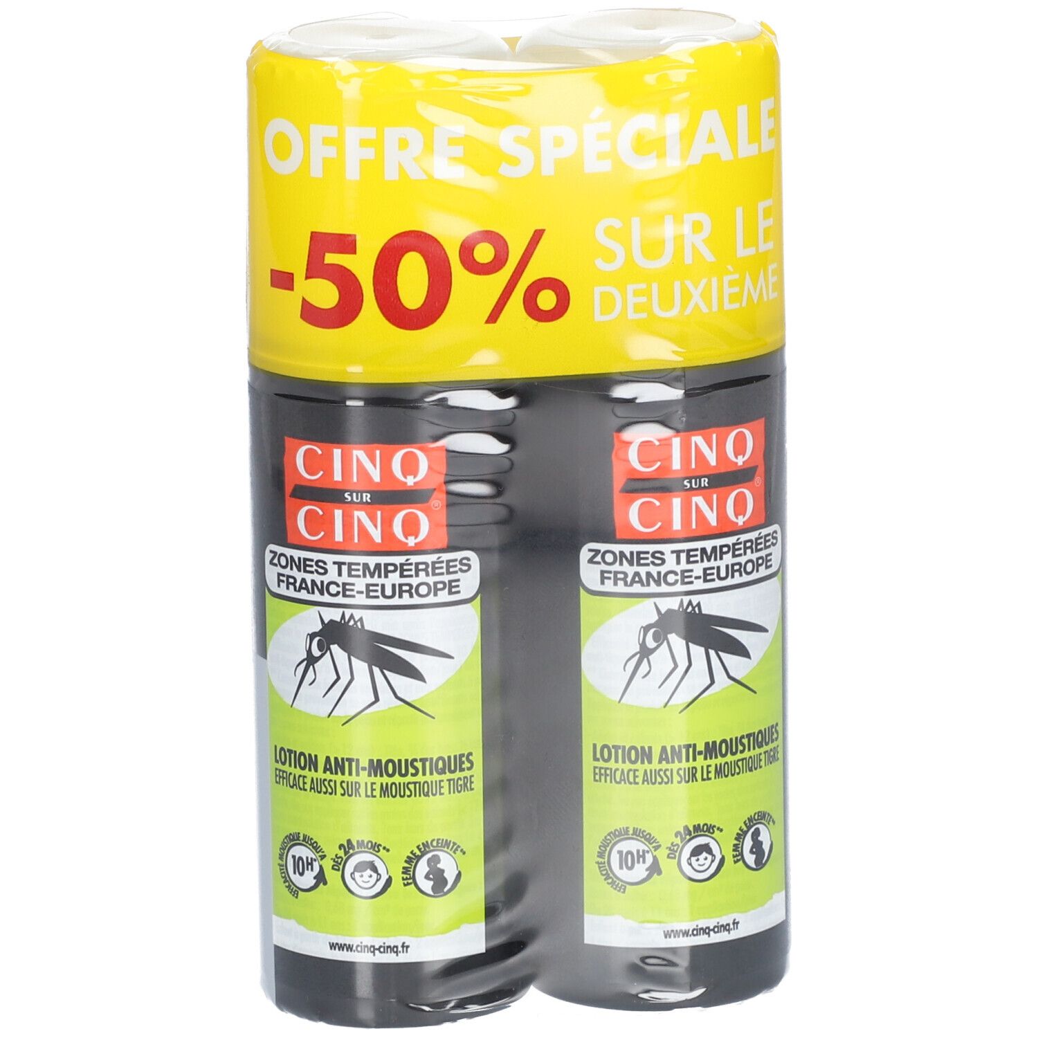 Deux flacons avec étiquette noire. Inscription: CINQ SUR CINQ, lotion anti-moustiques. Emballage jaune avec offre: -50%.