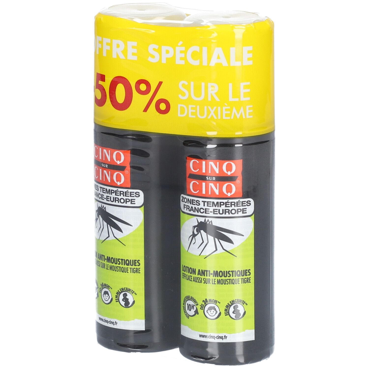 Deux flacons avec étiquette noire. Inscription: CINQ SUR CINQ, lotion anti-moustiques. Emballage jaune avec offre: -50%.