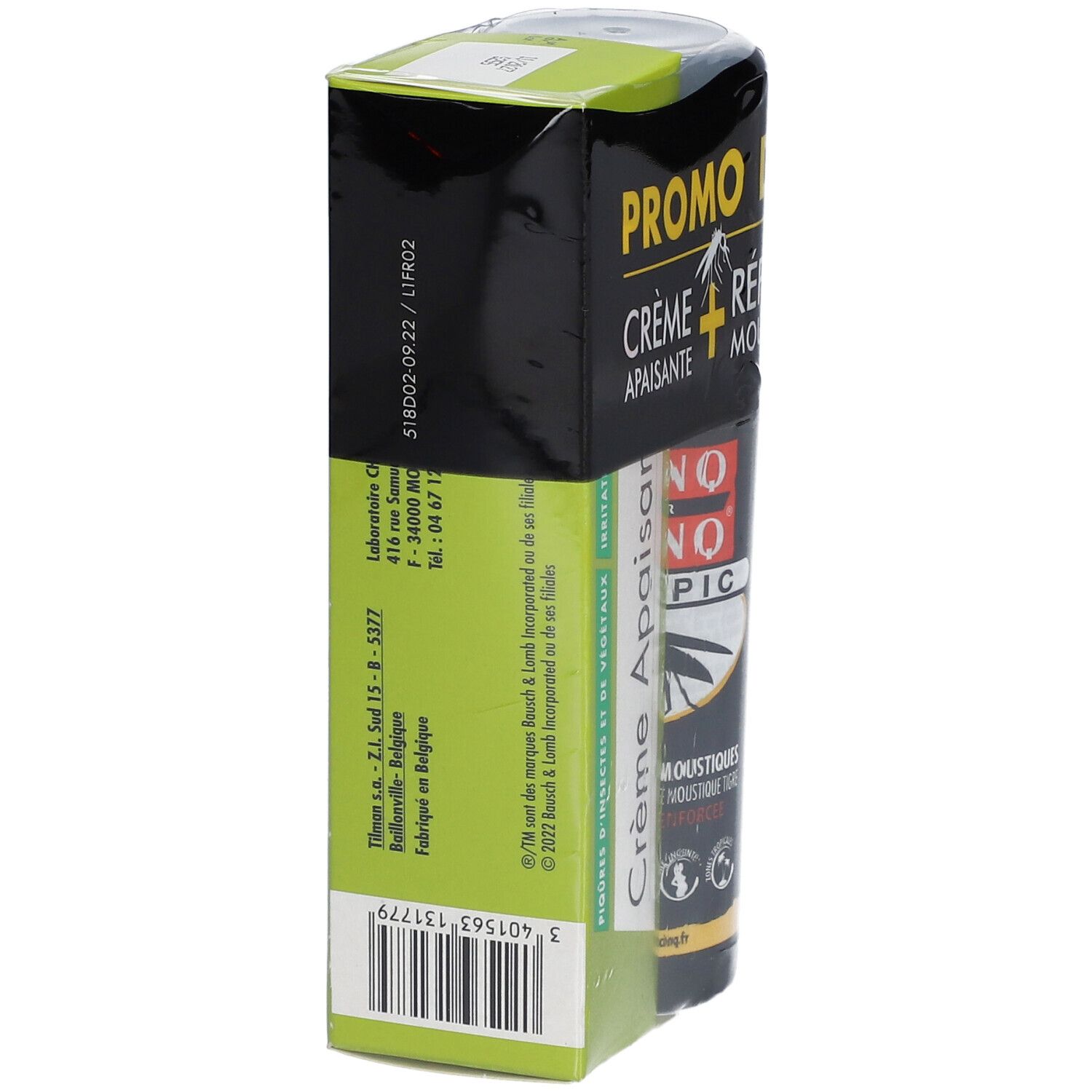 Verpakking van crème en spray. Groene doos met productinformatie. Zwarte fles zichtbaar.