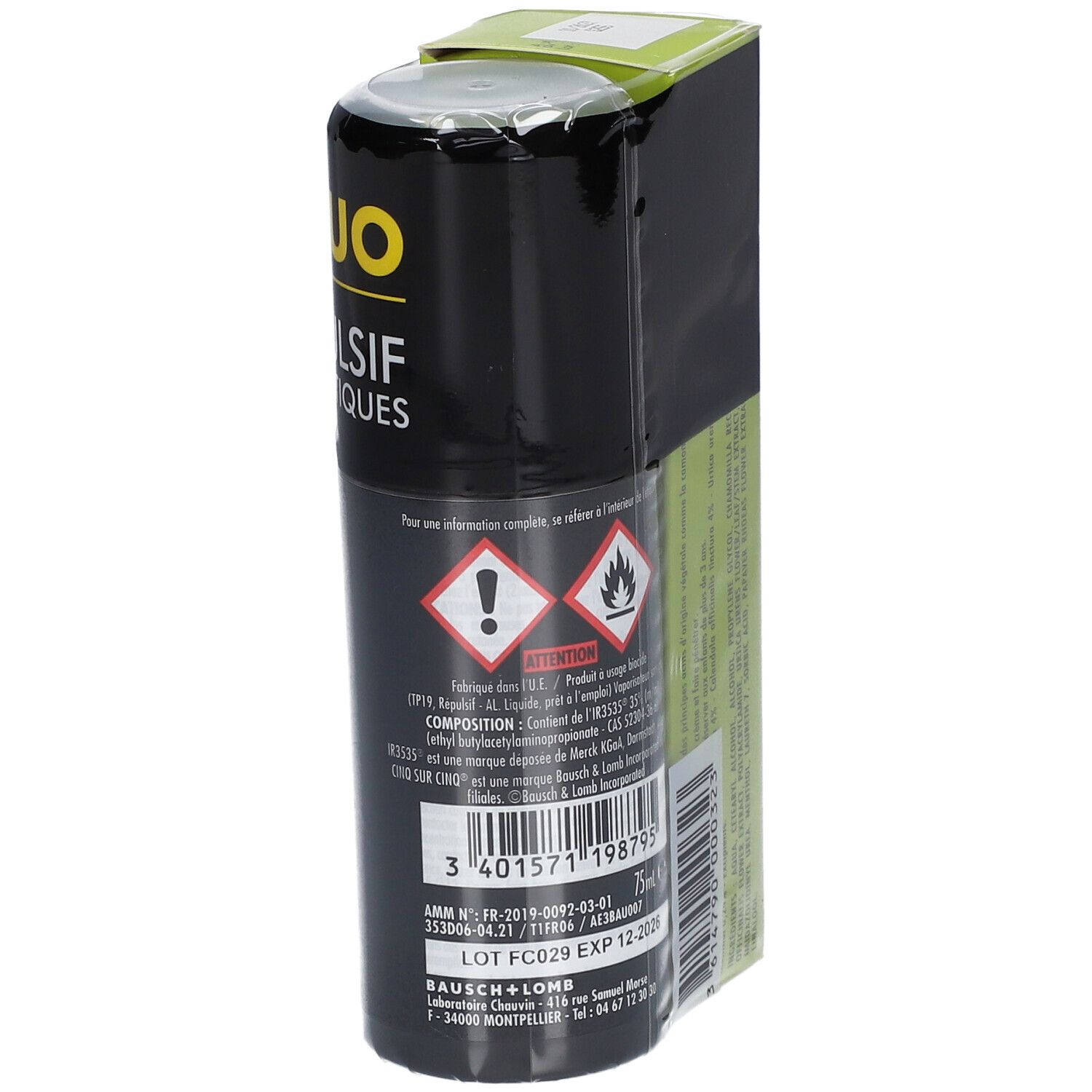 Achterkant van de verpakking. Productinformatie op groene achtergrond. Zwarte fles zichtbaar.