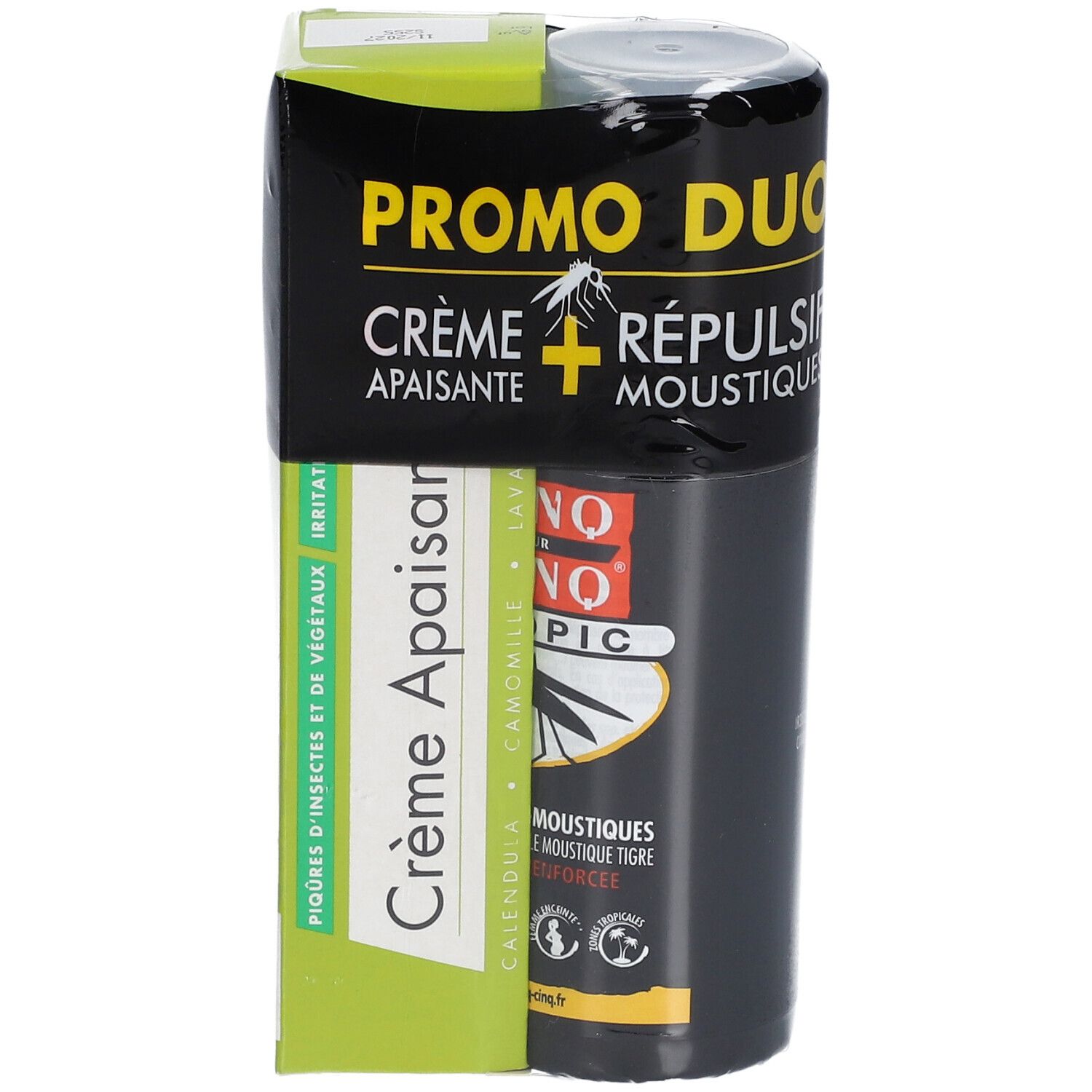 Promo Duo: Crème en spray. Verpakt. Zwarte fles, groene doos. Productinformatie.