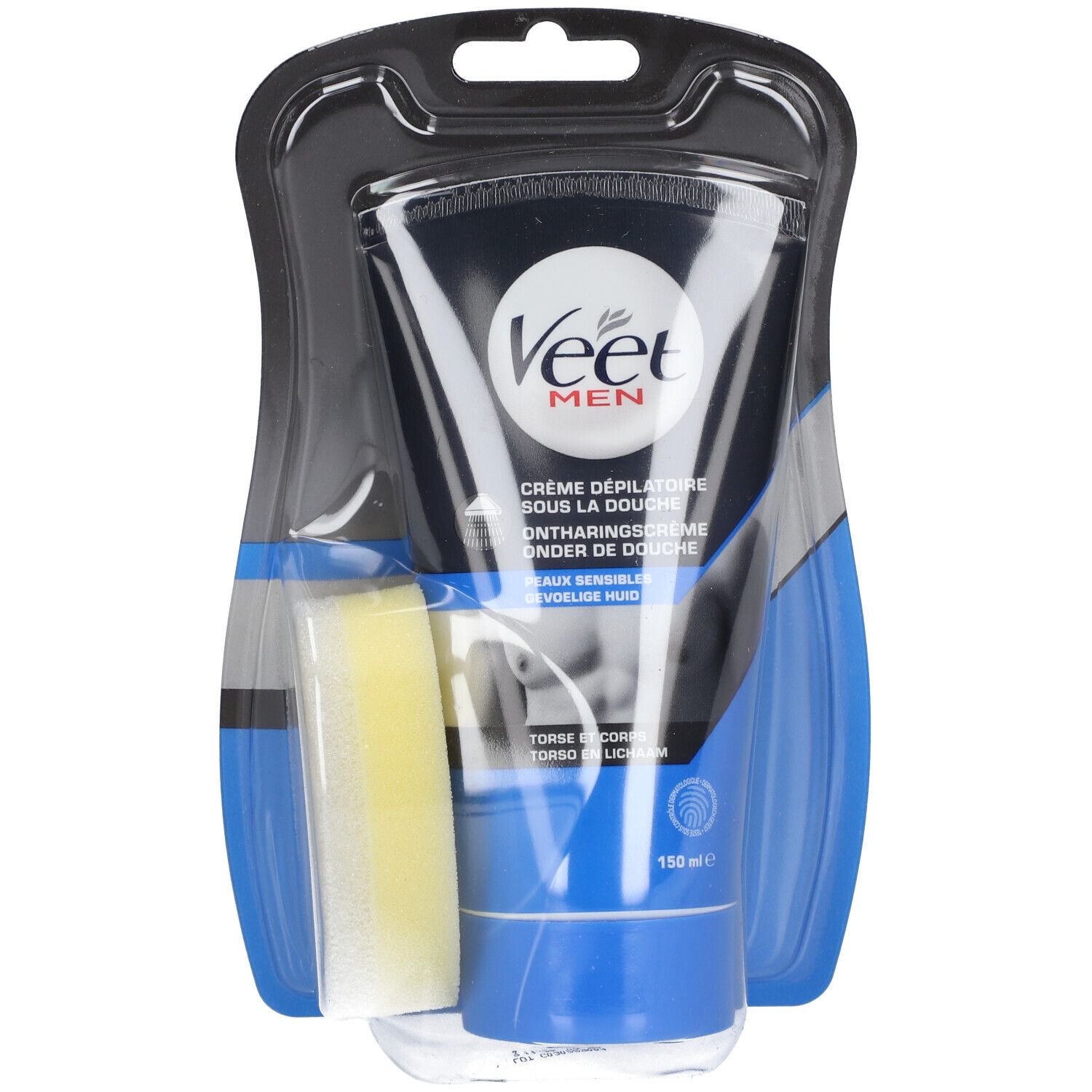 Veet Men ontharingscrème onder de douche. Zwarte tube met spons in blisterverpakking. Bevat 150 ml.