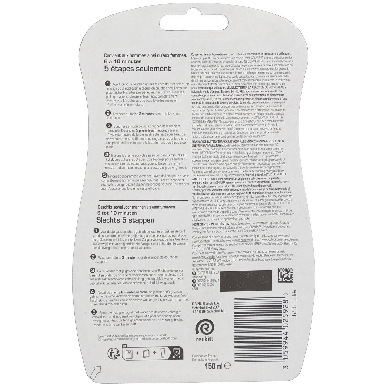 Achterkant van de verpakking met tekst. Bevat informatie over gebruik en ingrediënten. 150 ml.