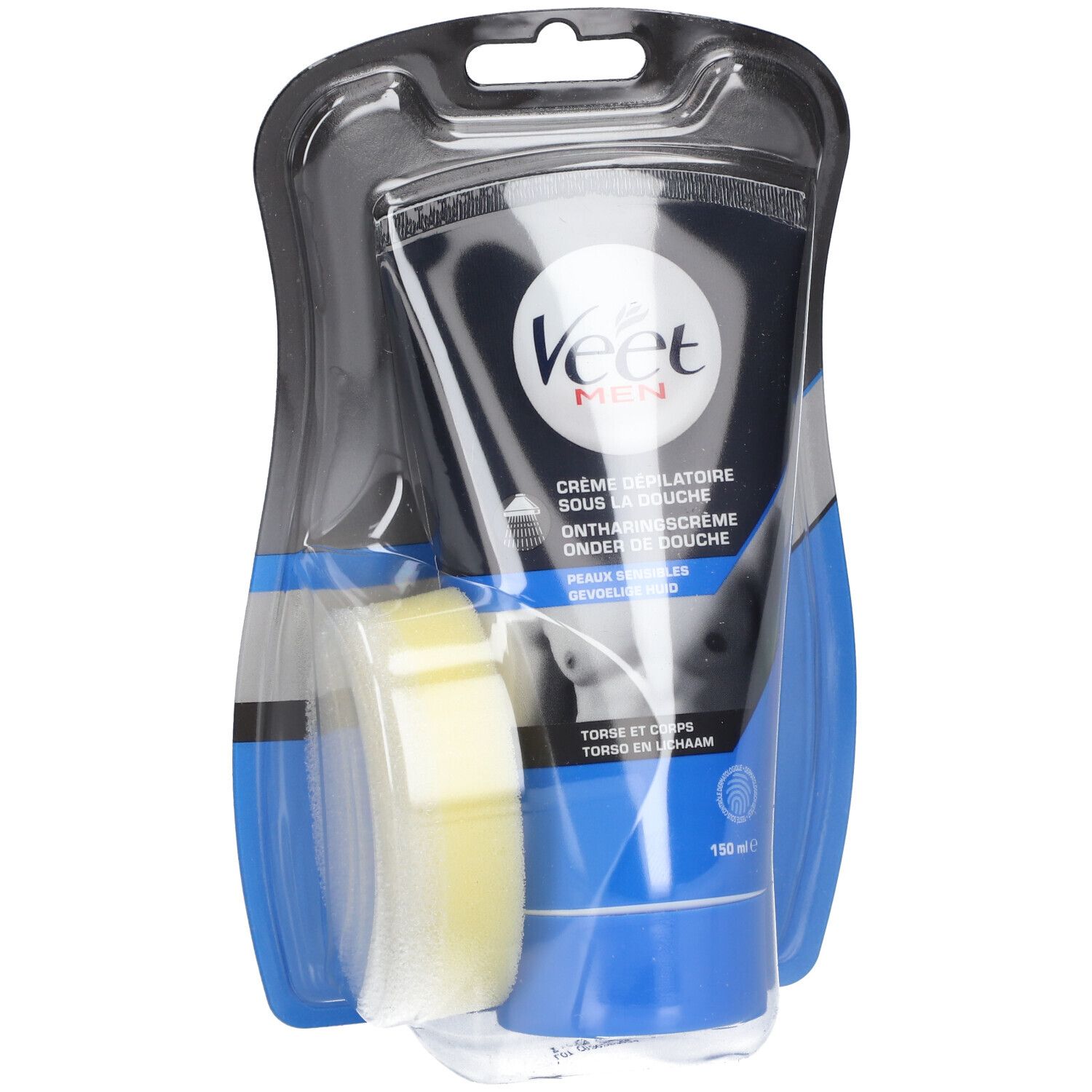 Veet Men ontharingscrème onder de douche. Zwarte tube met spons in blisterverpakking. Bevat 150 ml.