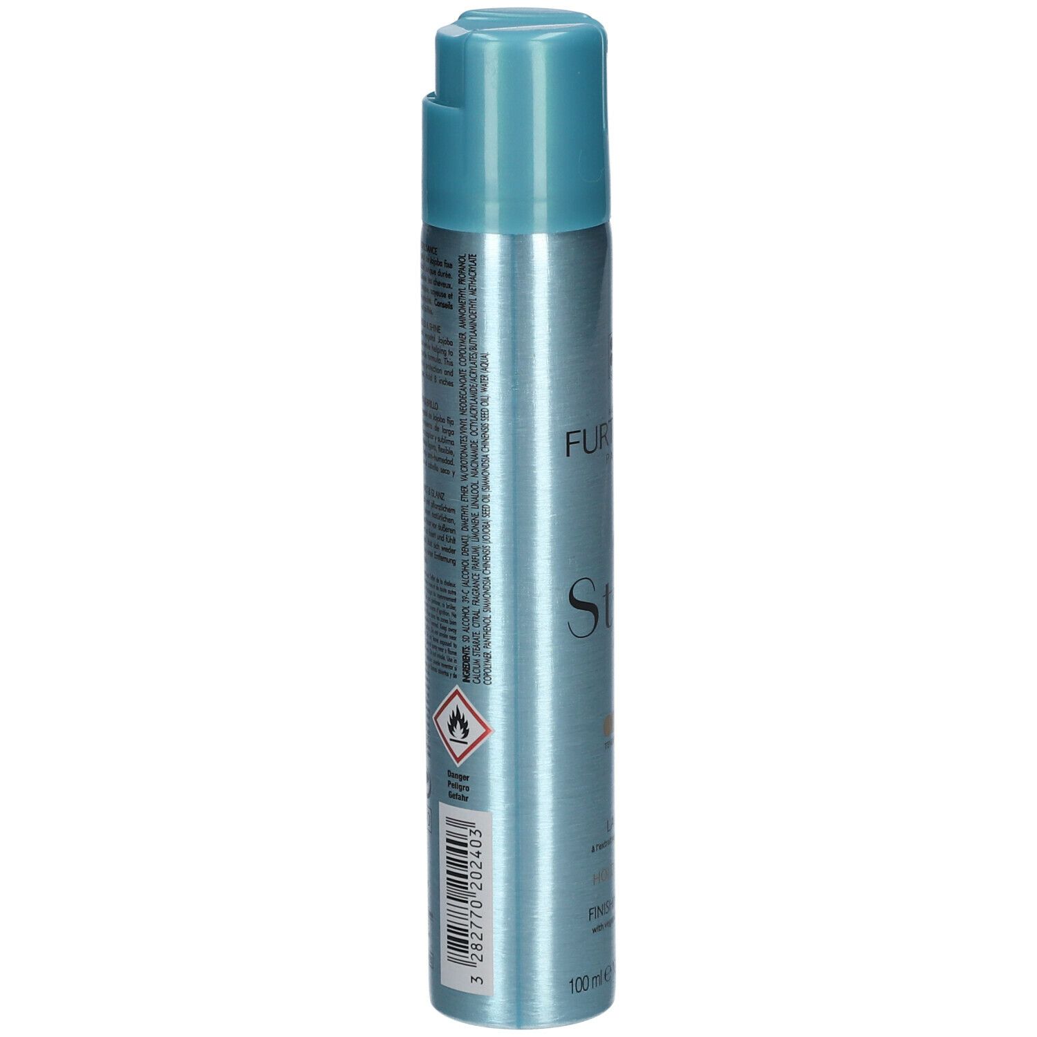 Flacon cylindrique avec tête de pulvérisation bleue. Dos avec texte et symboles. Contient 100 ml.
