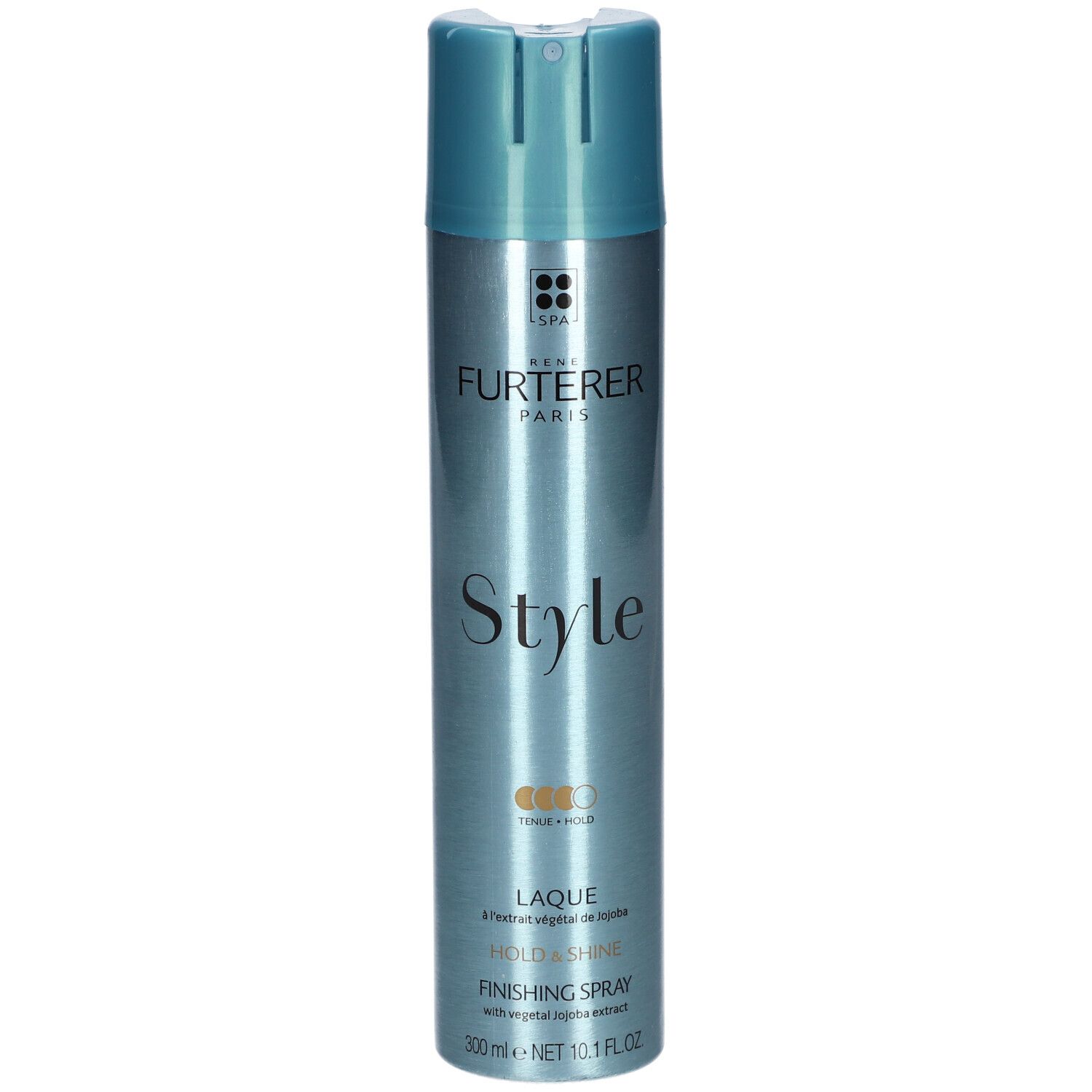 Blauw-zilveren haarspraybus. Opschrift: RENE FURTERER PARIS, Style, Laque, Finishing Spray. 300ml, 10.1 FL.OZ.