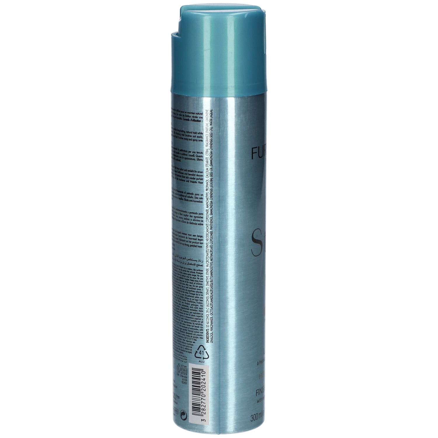 Blauw-zilveren haarspraybus. Achterkant met tekst. 300ml, 10.1 FL.OZ. Met recyclagesymbool.