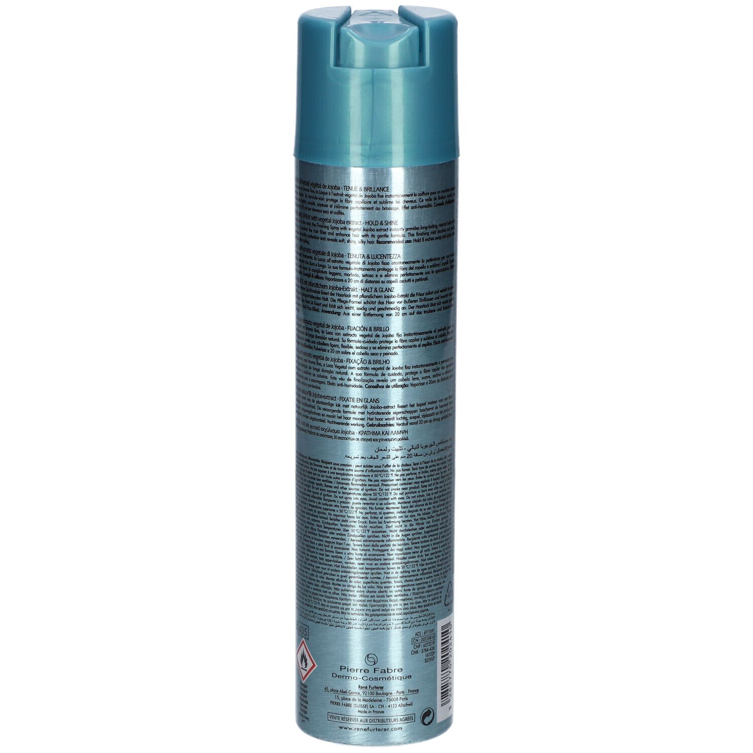 Blauw-zilveren haarspraybus. Achterkant met tekst. 300ml, 10.1 FL.OZ. Met recyclagesymbool.