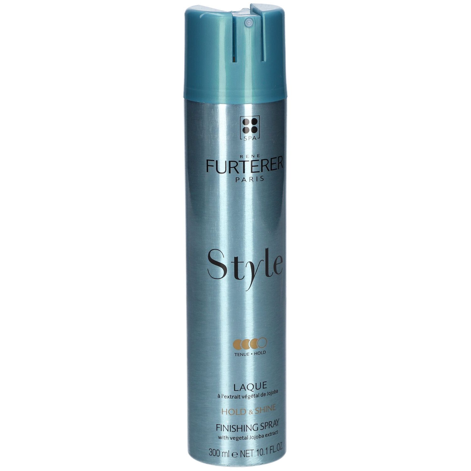 Blauw-zilveren haarspraybus. Opschrift: RENE FURTERER PARIS, Style, Laque, Finishing Spray. 300ml, 10.1 FL.OZ.