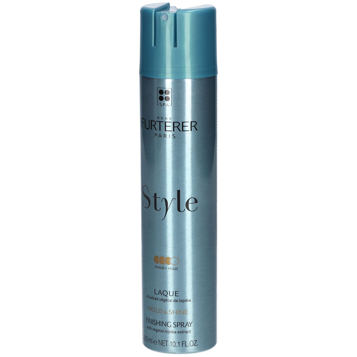 Blauw-zilveren haarspraybus. Opschrift: RENE FURTERER PARIS, Style, Laque, Finishing Spray. 300ml, 10.1 FL.OZ.