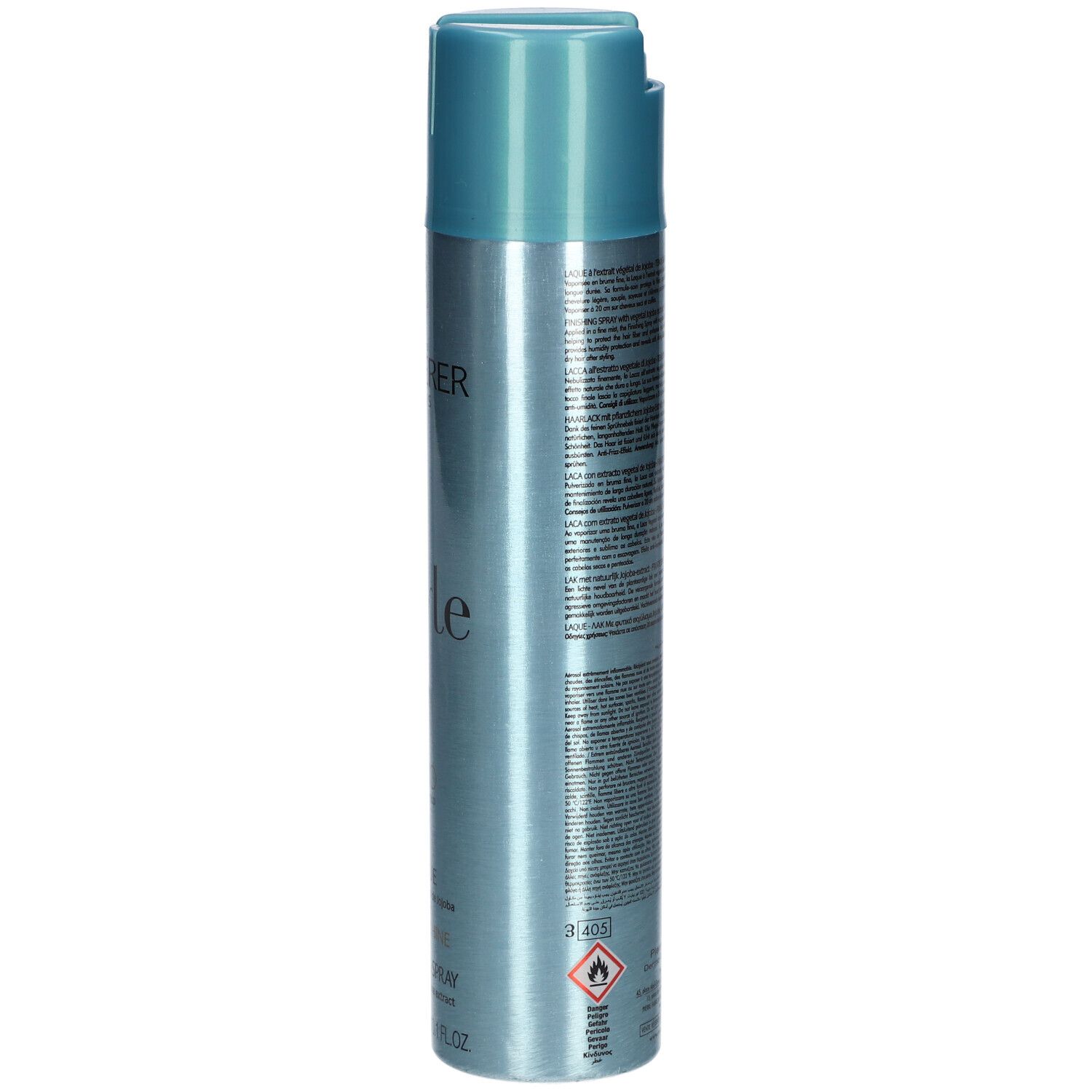 Blauw-zilveren haarspraybus. Achterkant met tekst en gevaarsymbool. 300ml, 10.1 FL.OZ.