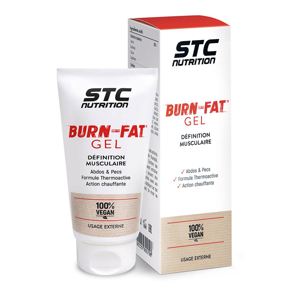 STC Nutrition Burn-Fat Gel. Tube et boîte blanches. Texte: Définition musculaire, 100% Vegan, Usage externe.