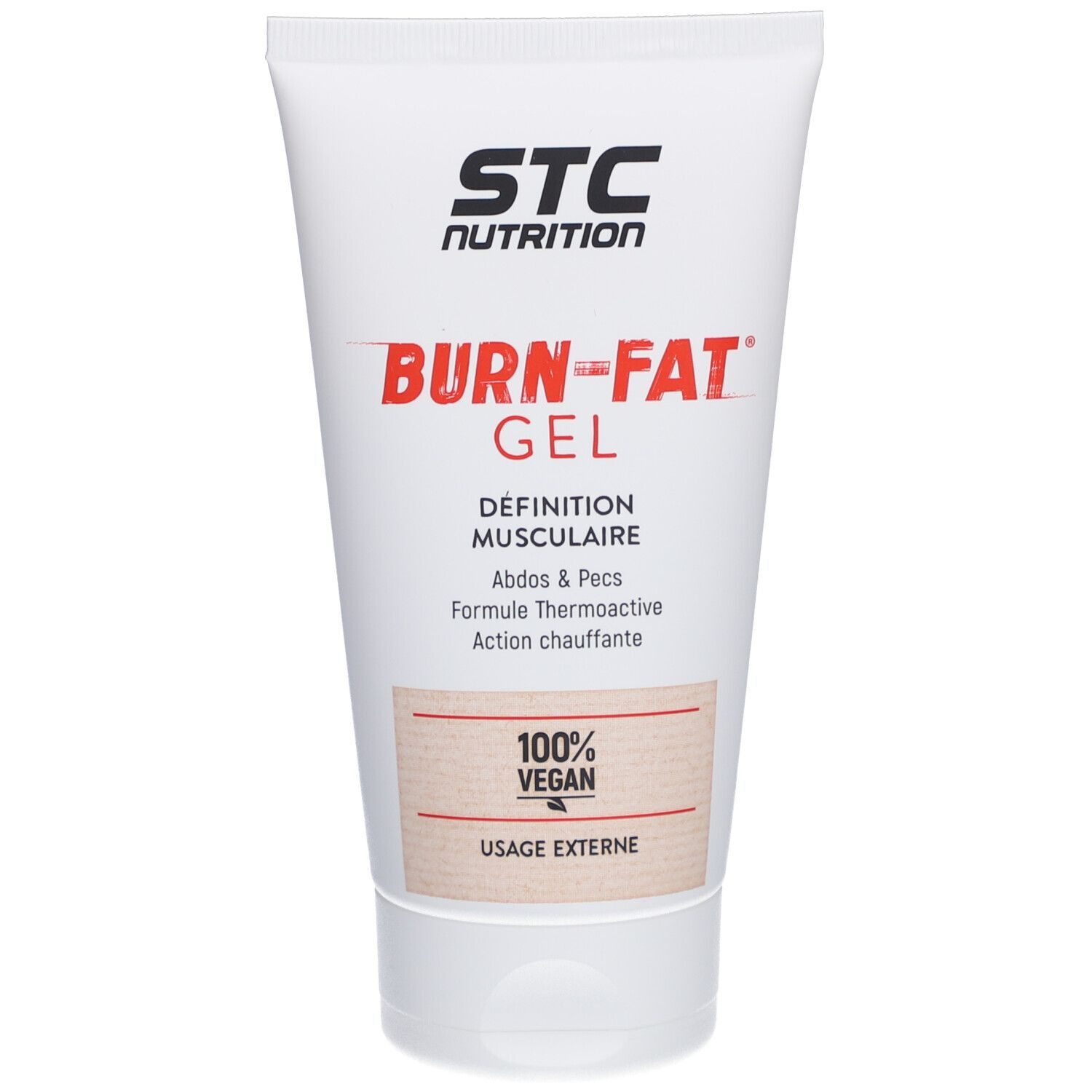 STC Nutrition Burn-Fat Gel. Witte tube. Tekst: Définition musculaire, 100% Vegan, Usage externe. Rode en bruine details.