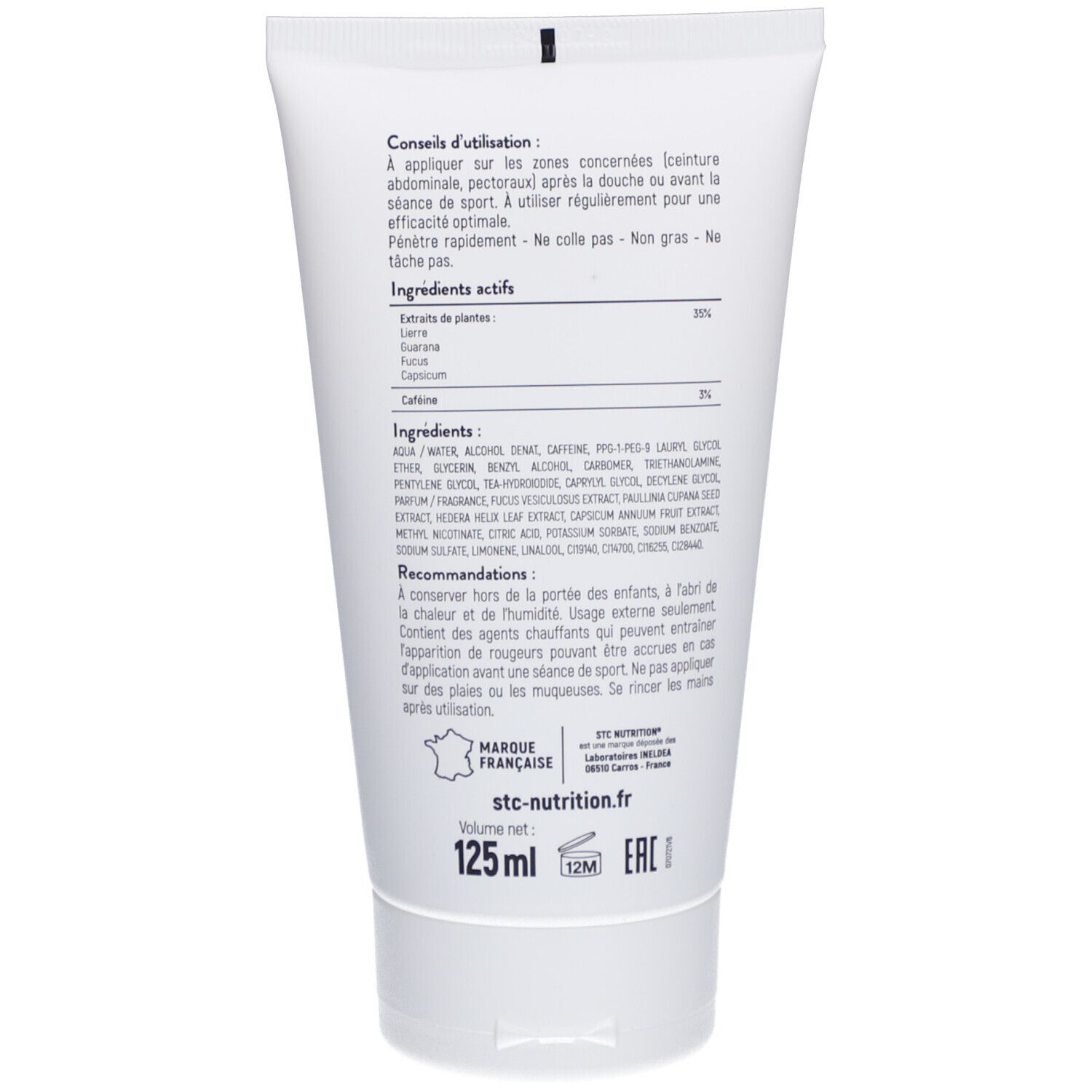 Achterkant van de tube. Tekst: Ingrediënten, gebruiksaanwijzing, 125 ml, stc-nutrition.fr, Vegan-logo, EAC-teken.