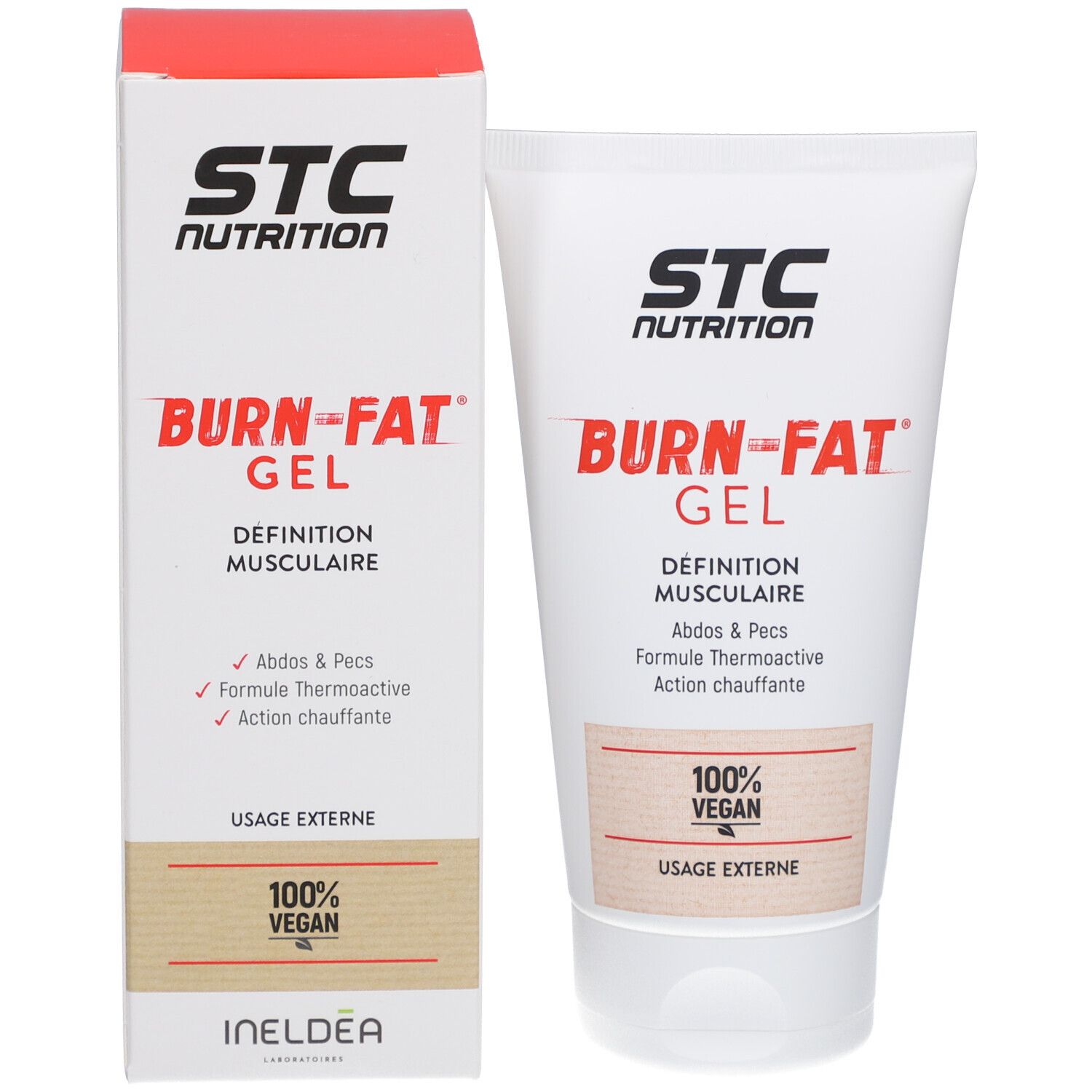 STC Nutrition Burn-Fat Gel. Tube en verpakking. Tekst: Définition musculaire, 100% Vegan, Usage externe. Ineldea-logo.