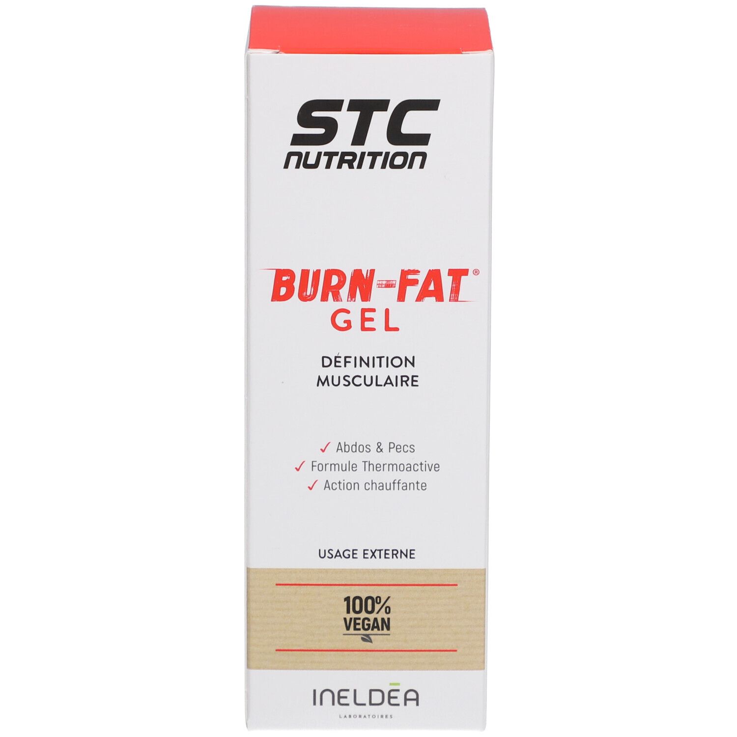 Verpakking. Tekst: STC Nutrition, Burn-Fat Gel, Définition musculaire, 100% Vegan, Usage externe. Ineldea-logo.