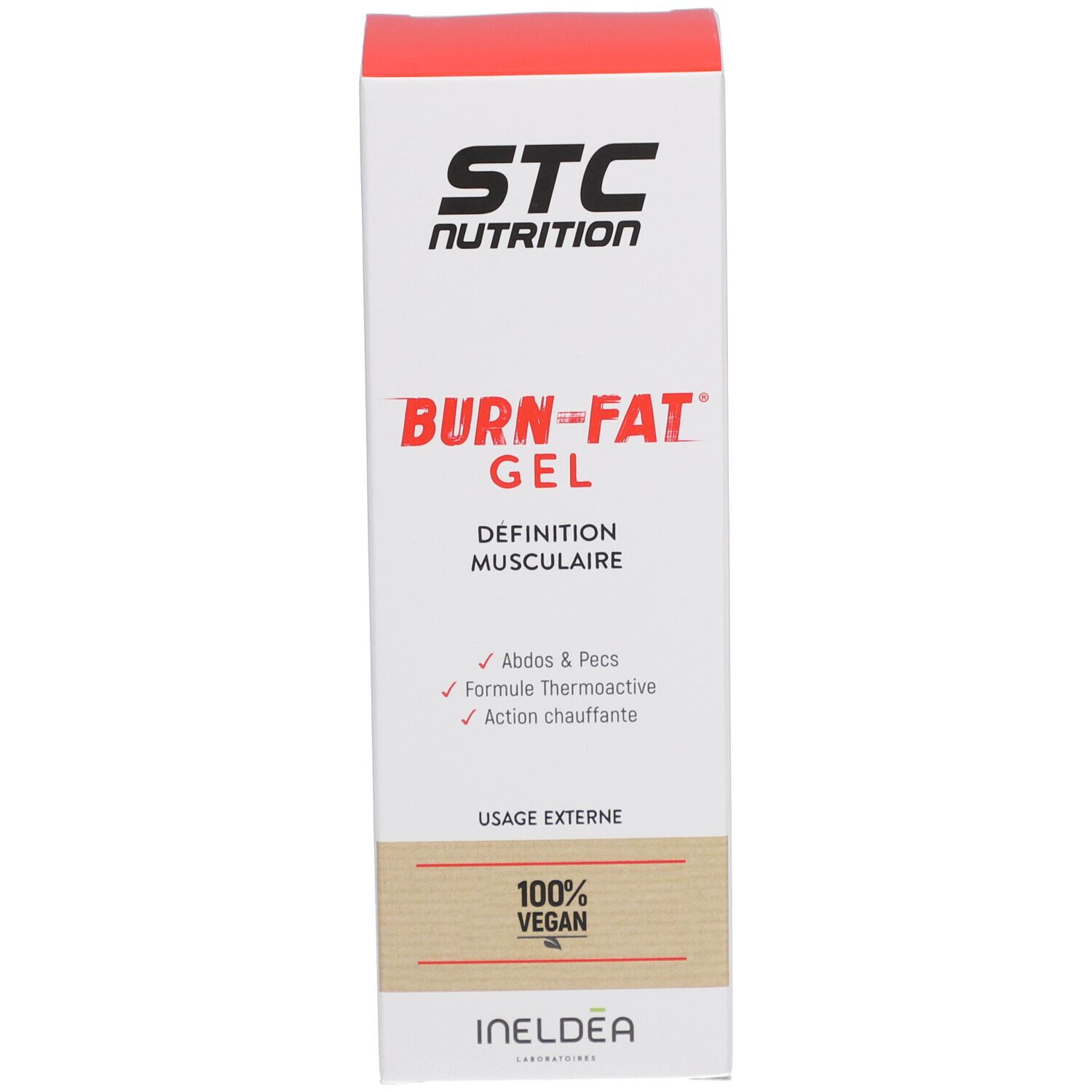 Verpakking. Tekst: STC Nutrition, Burn-Fat Gel, Définition musculaire, 100% Vegan, Usage externe. Ineldea-logo.