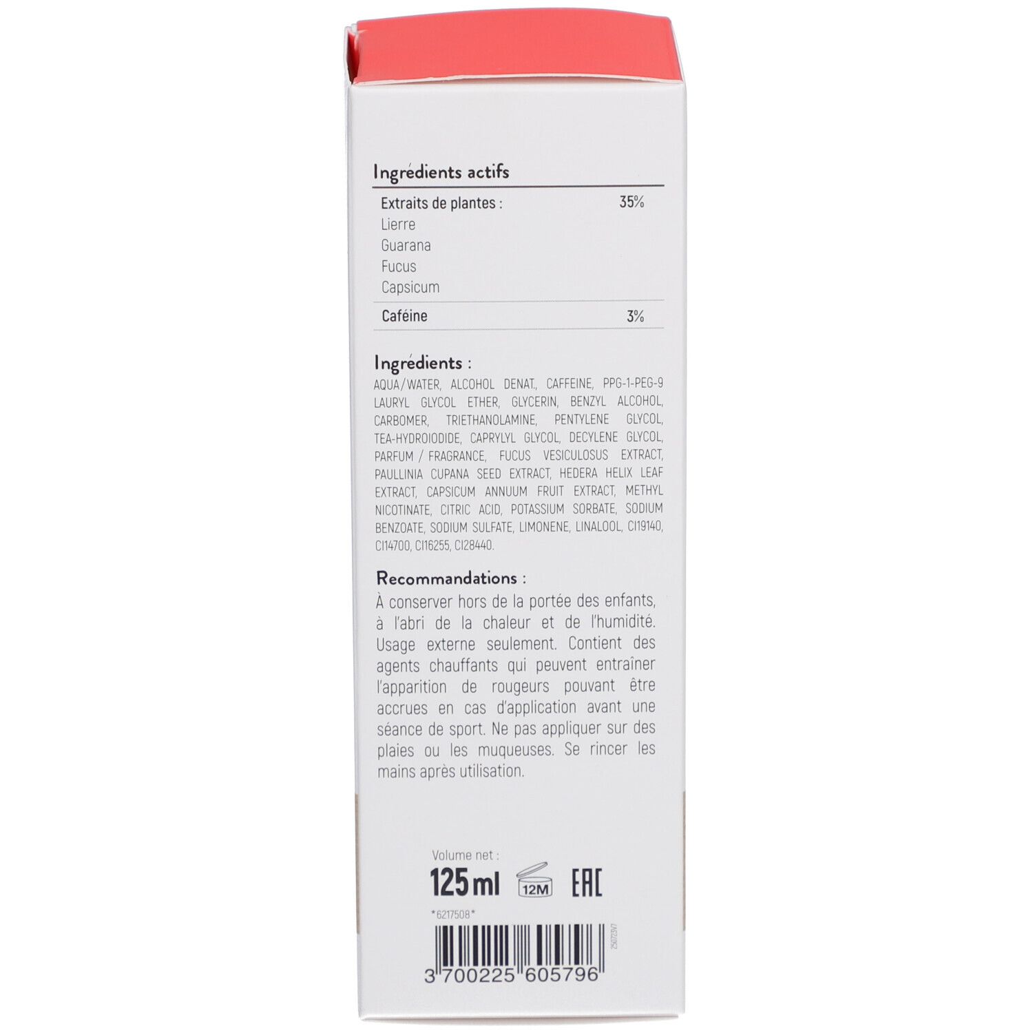 Achterkant van de verpakking. Tekst: Ingrediënten, 125 ml, stc-nutrition.fr, Vegan-logo, EAC-teken, batchnummer.