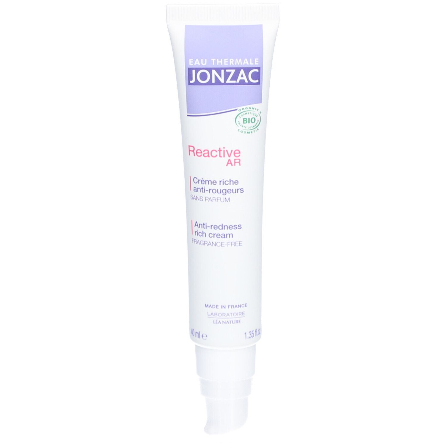 Witte tube Jonzac. Anti-roodheid crème. '100% origine naturelle' en bio-certificering.