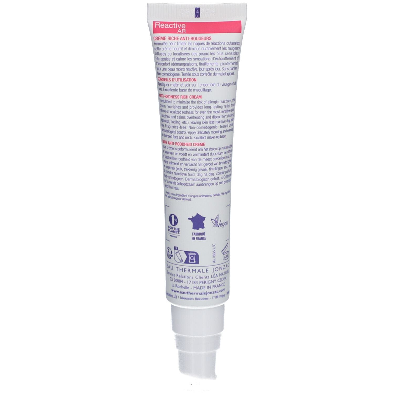Witte tube Jonzac. Anti-roodheid crème. '100% origine naturelle' en bio-certificering.