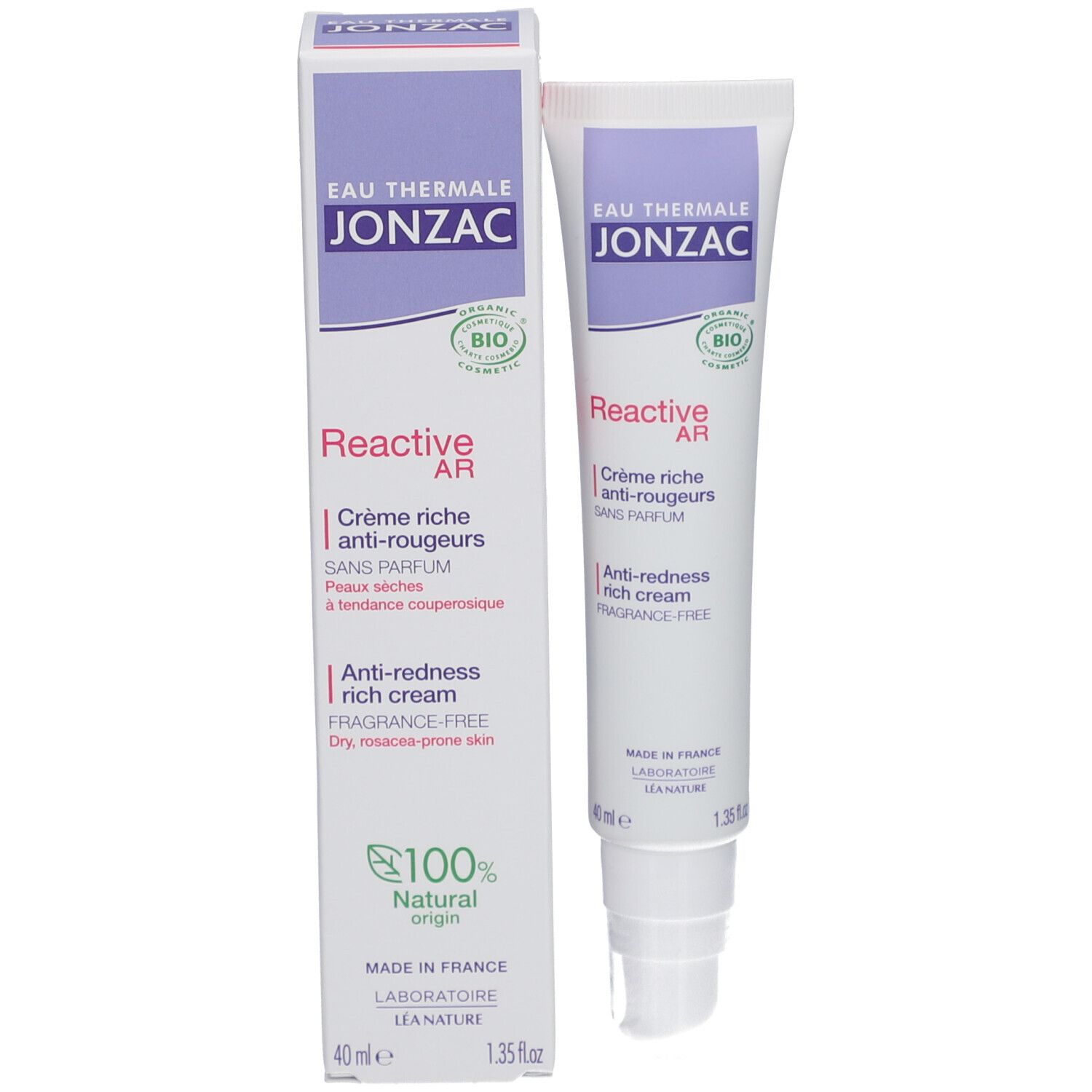 Tube en doos Jonzac. Anti-roodheid crème. '100% origine naturelle' en bio-certificering.