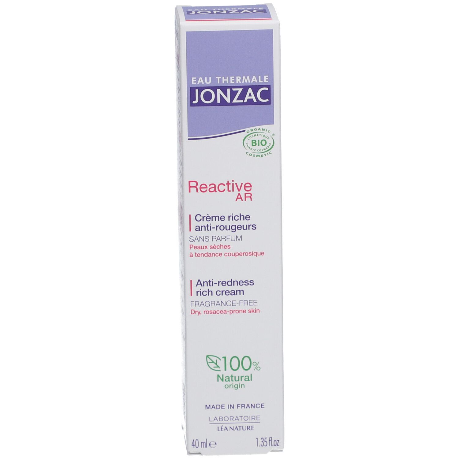 Doos Jonzac. Anti-roodheid crème. '100% origine naturelle' en bio-certificering.