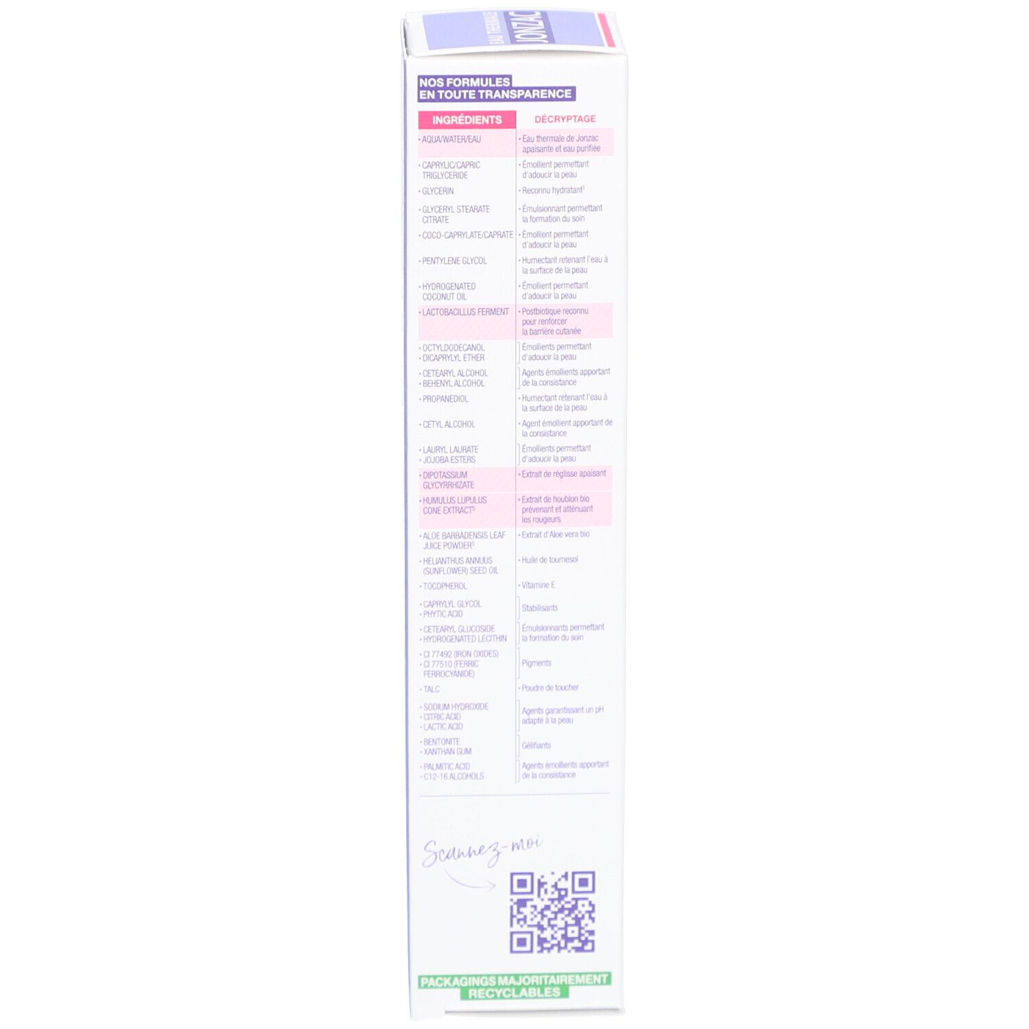 Achterkant doos. Ingrediënten, informatie en certificeringen. Jonzac product.