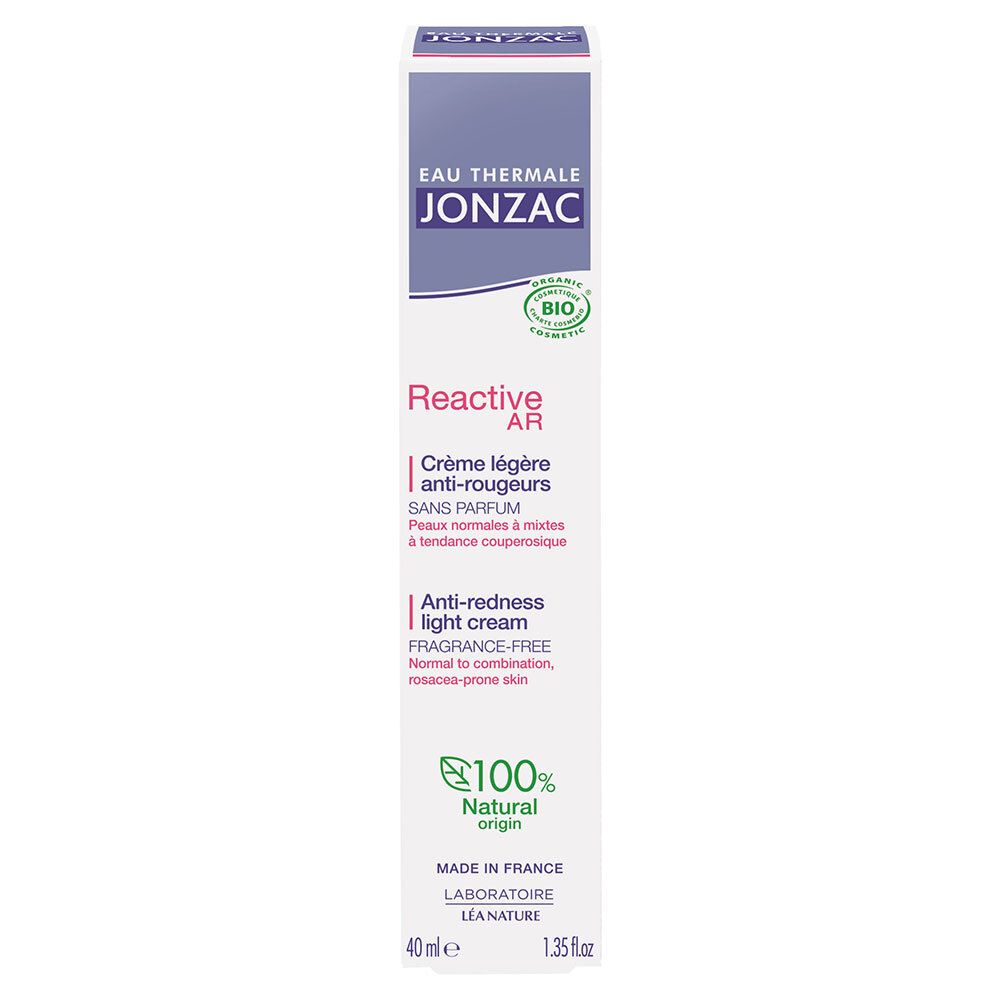 Jonzac crème verpakking. Reactive AR, anti-roodheid. Gemengde huid. 100% natuurlijk. Bio-certificering. Paarse doos.