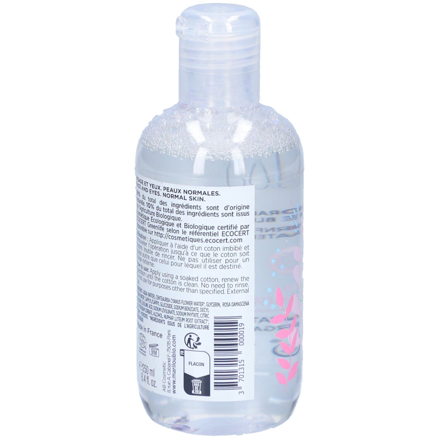 Achterkant transparante fles MARILOU BIO micellair water. Tekst: Voor normale huid en ogen. ECOCERT-certificering.