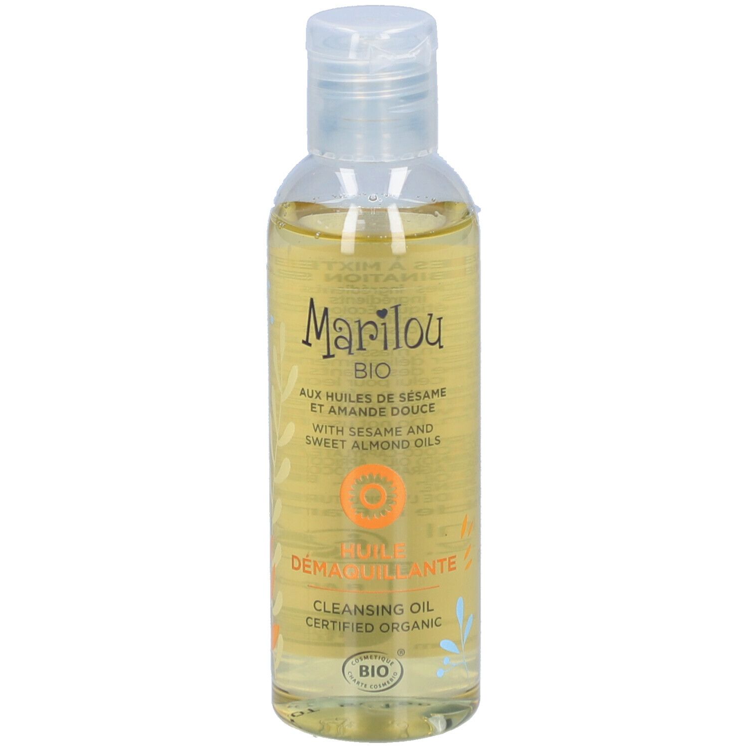 Transparante fles met gele olie. Opschrift: Marilou Bio, Huile Démaquillante. Bio-certificering.