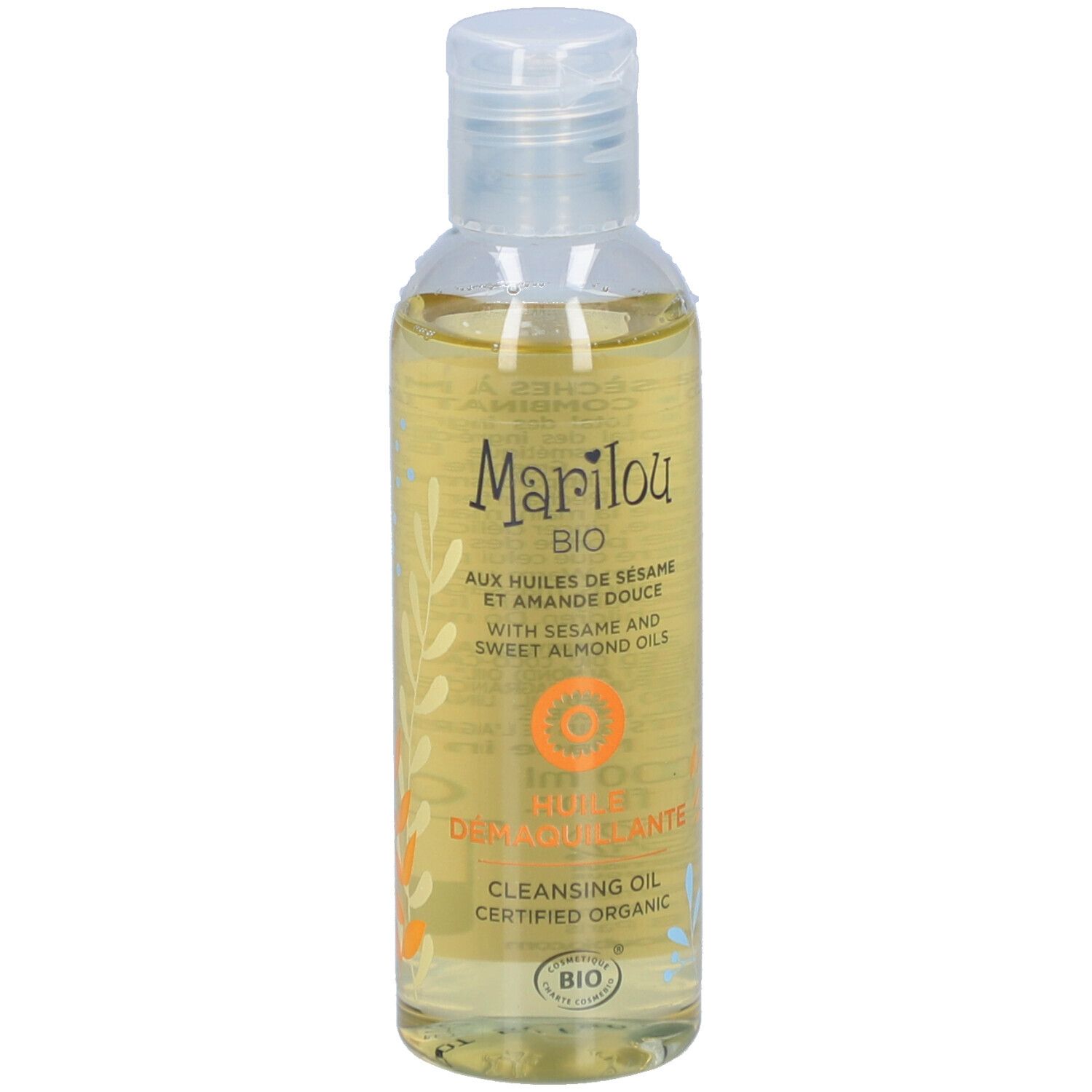 Transparante fles met gele olie. Opschrift: Marilou Bio, Huile Démaquillante. Bio-certificering.
